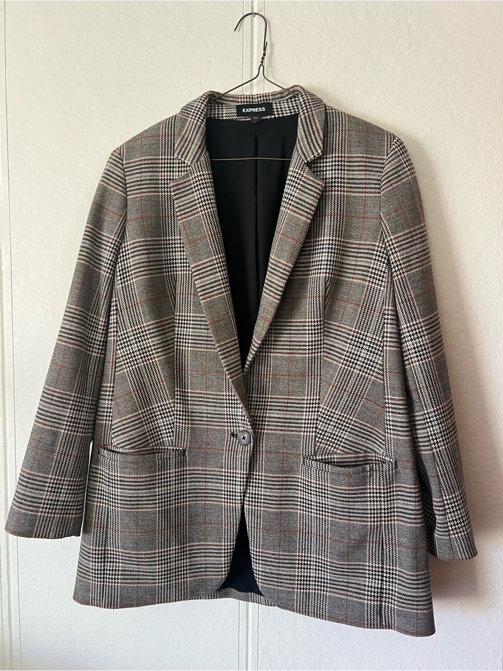 Express Women’s Plaid Sport Coat in Gray with Brown Accent